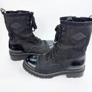 G Star RAW Minor Black Denim Combat Boots Lace Up Side Zip Cap Toe Women